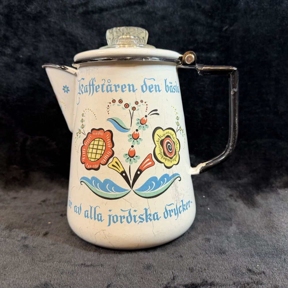 Vintage Enamel Ware Porcelain Precolator Coffee Pot Swedish Writing has Insert